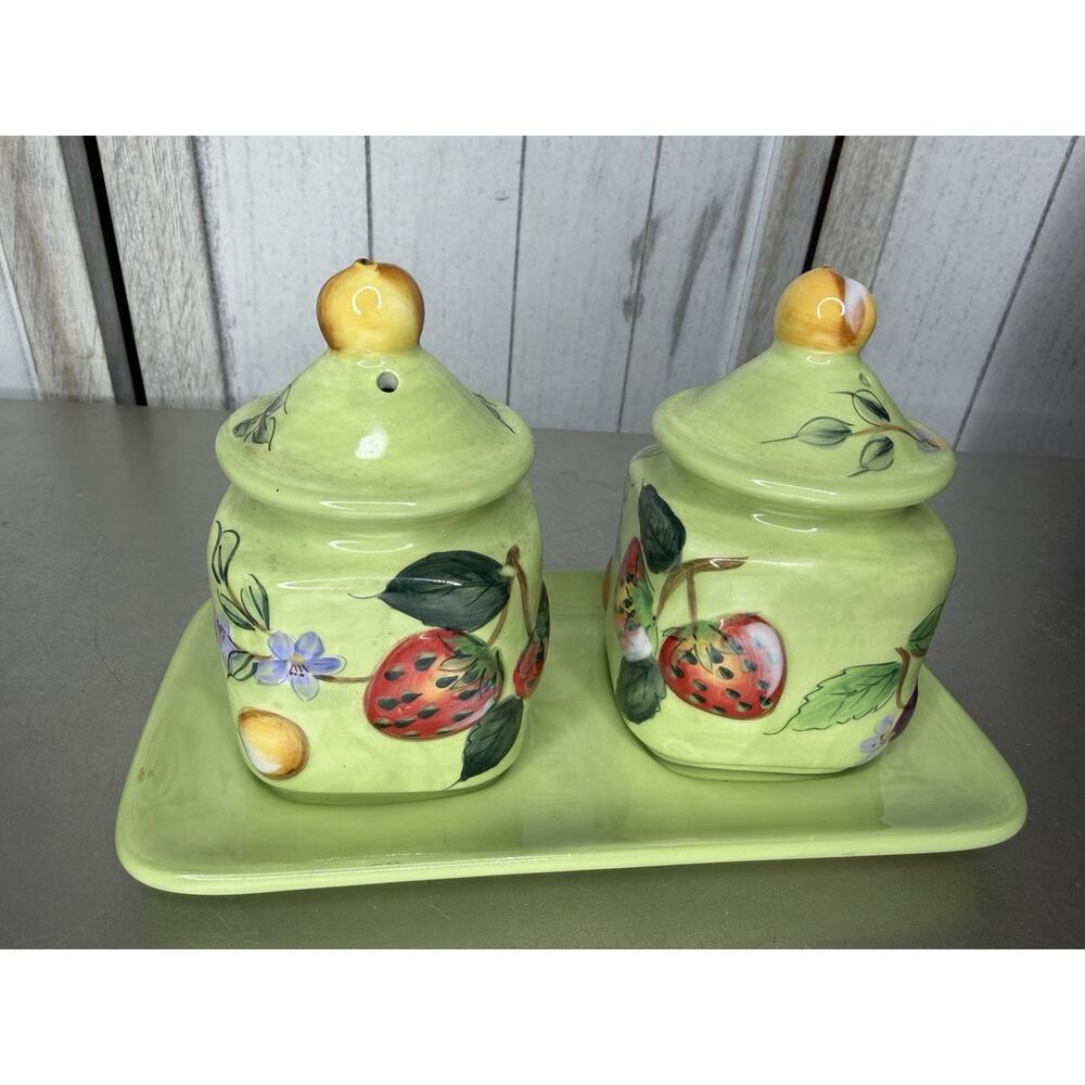 Claire Murray Fruit & Berries Salt & Pepper Shakers & Tray Whimsy